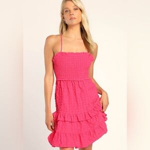 NWT LULUS: Serene Sweetie Hot Pink Smocked Cutout Tiered Mini Dress